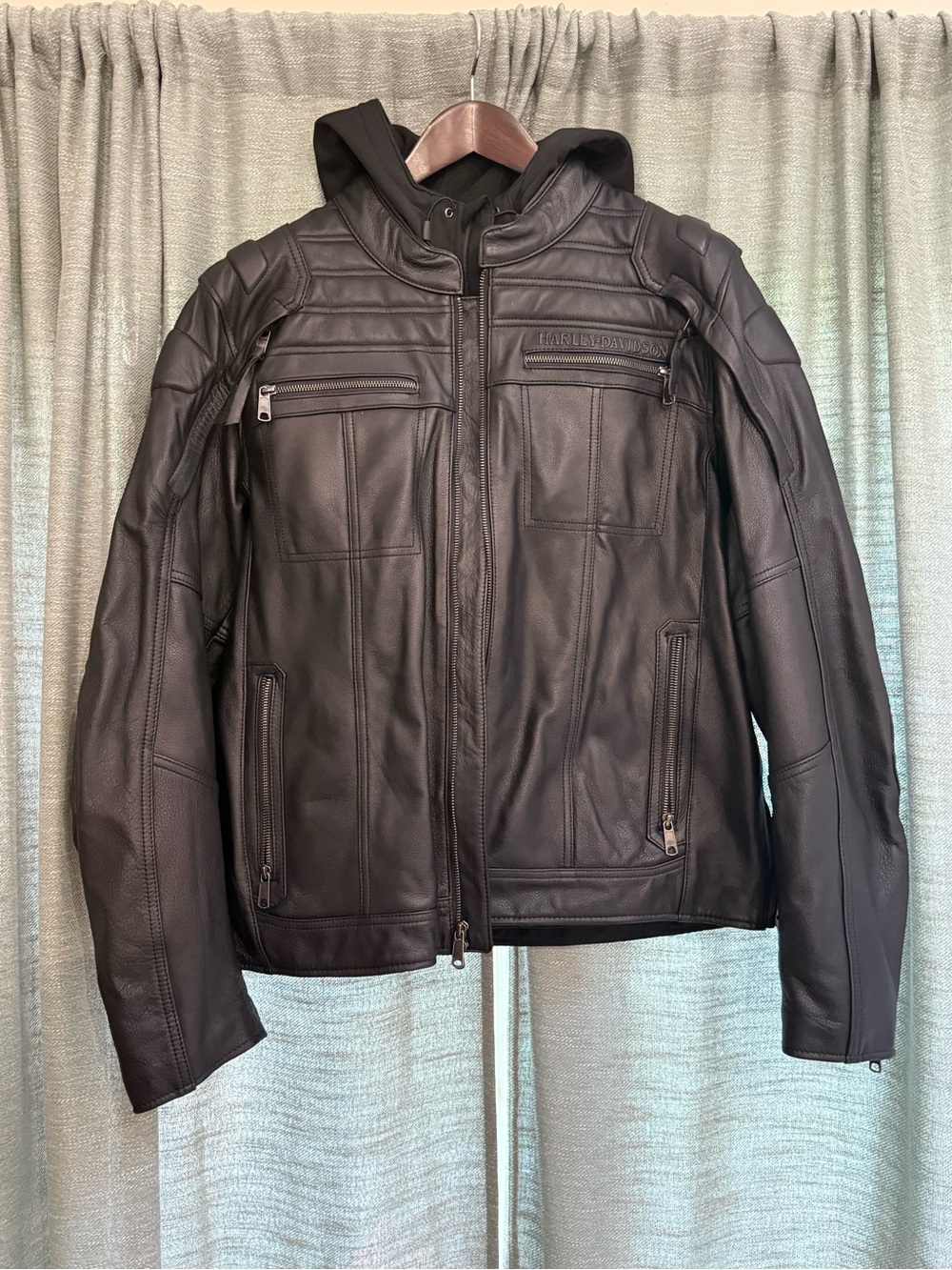 Harley-Davidson Black Leather Hooded Bomber Jacket